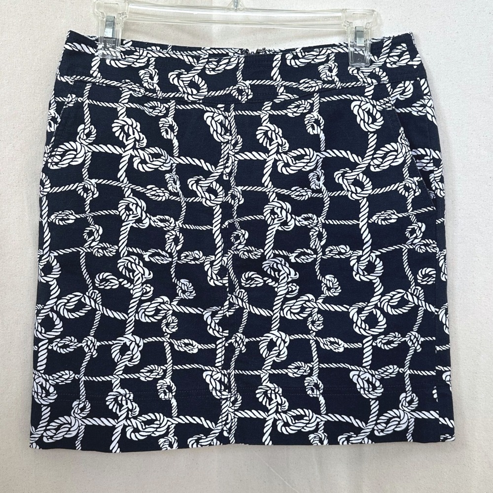 Talbots Petites Nautical Rope Knot Print Straight Mini Skirt 2P Navy & White